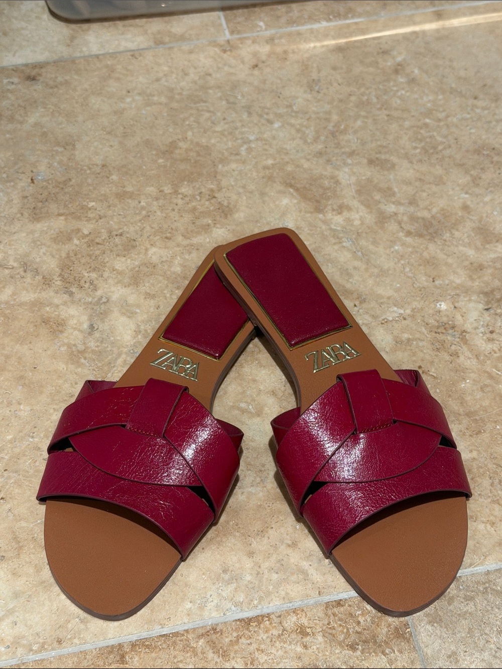 ZARA Red Crimson Braided Leather Slide Mules